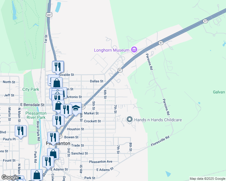 map of restaurants, bars, coffee shops, grocery stores, and more near 928 Austin Street in Pleasanton