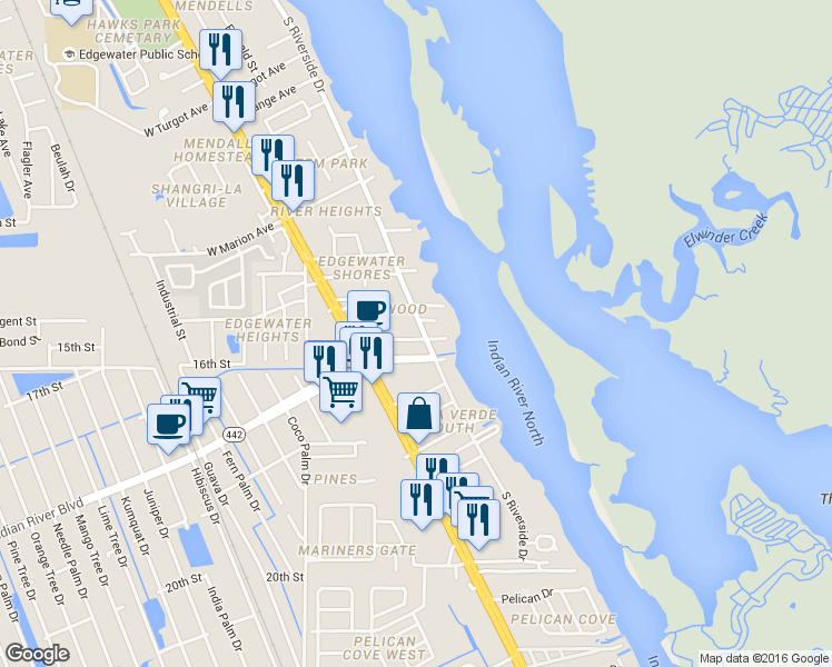 map of restaurants, bars, coffee shops, grocery stores, and more near 1724 South Riverside Drive in Edgewater
