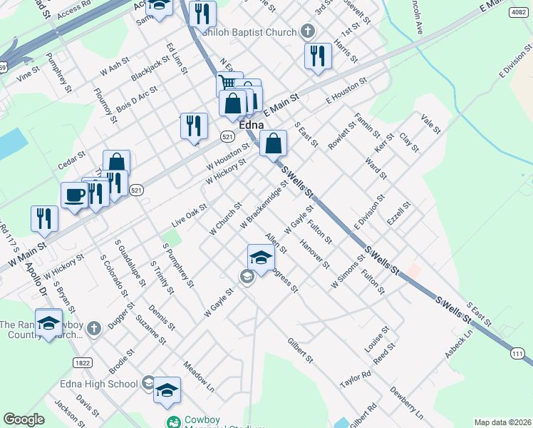 map of restaurants, bars, coffee shops, grocery stores, and more near 405 Hanover Street in Edna