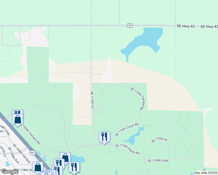 map of restaurants, bars, coffee shops, grocery stores, and more near 17083 Southeast 115th Terrace Road in Summerfield
