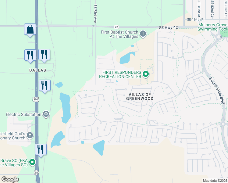 map of restaurants, bars, coffee shops, grocery stores, and more near 17049 Southeast 76th Creekside Circle in The Villages