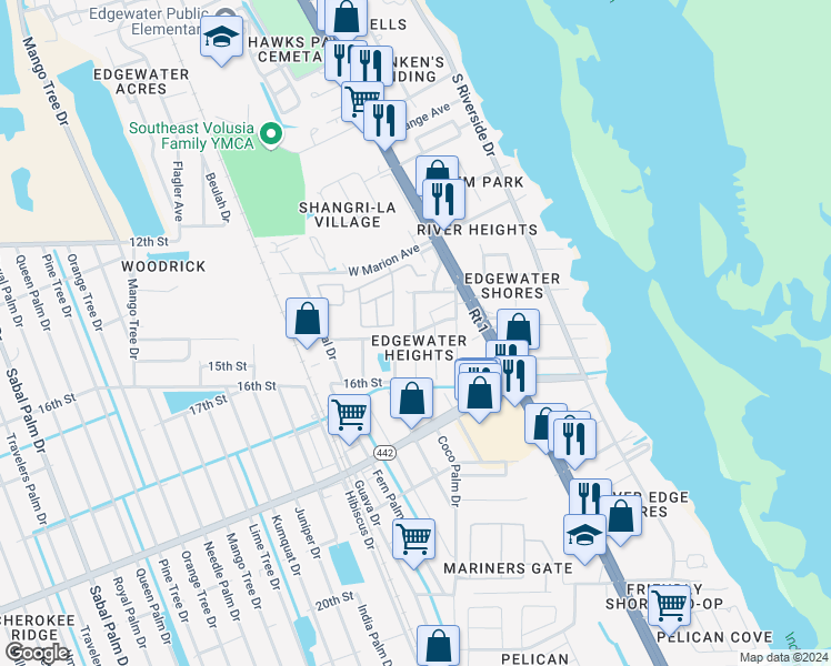 map of restaurants, bars, coffee shops, grocery stores, and more near 1701 Bradford Road in Edgewater