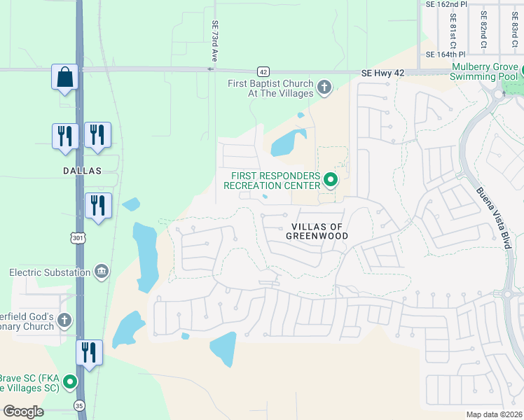 map of restaurants, bars, coffee shops, grocery stores, and more near 17049 Southeast 76th Creekside Circle in The Villages