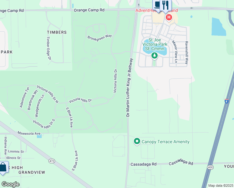 map of restaurants, bars, coffee shops, grocery stores, and more near 463 Victoria Hills Drive in DeLand
