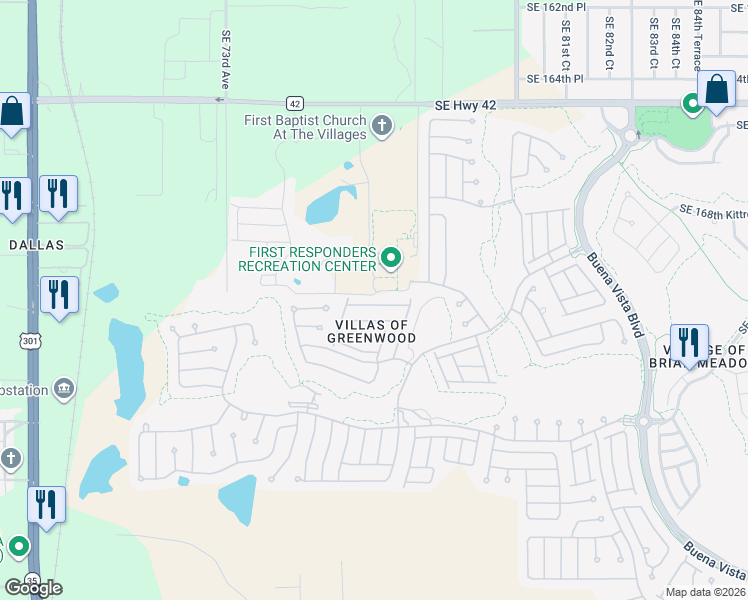 map of restaurants, bars, coffee shops, grocery stores, and more near 7631 Southeast 170th Longview Lane in The Villages