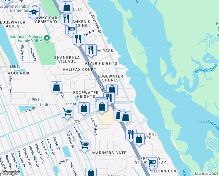 map of restaurants, bars, coffee shops, grocery stores, and more near in Edgewater