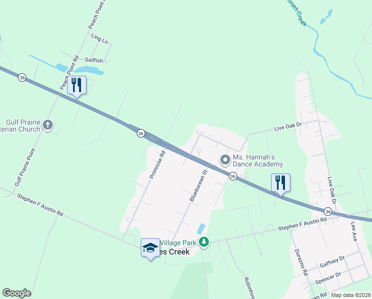 map of restaurants, bars, coffee shops, grocery stores, and more near 115 Live Oak Drive in Freeport