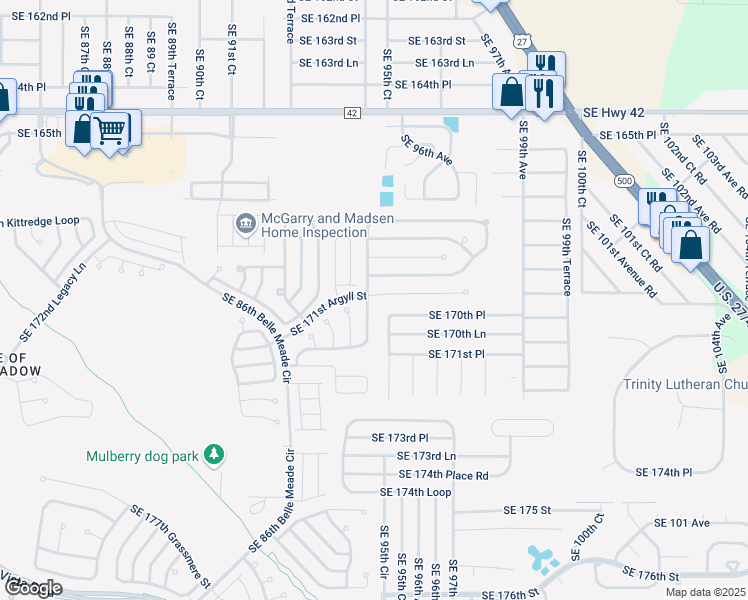 map of restaurants, bars, coffee shops, grocery stores, and more near 17031 Southeast 93rd Yondel Circle in The Villages