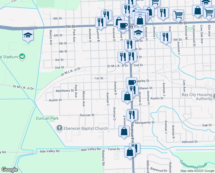 map of restaurants, bars, coffee shops, grocery stores, and more near 1401 Rugeley Street in Bay City