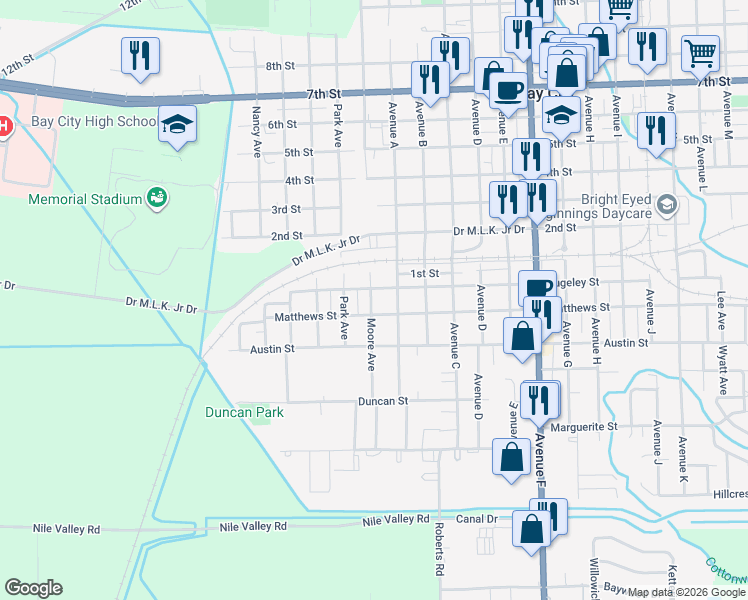 map of restaurants, bars, coffee shops, grocery stores, and more near 2809 Moore Avenue in Bay City