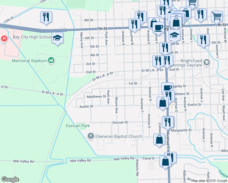 map of restaurants, bars, coffee shops, grocery stores, and more near 1021 1/2 Rugeley Street in Bay City