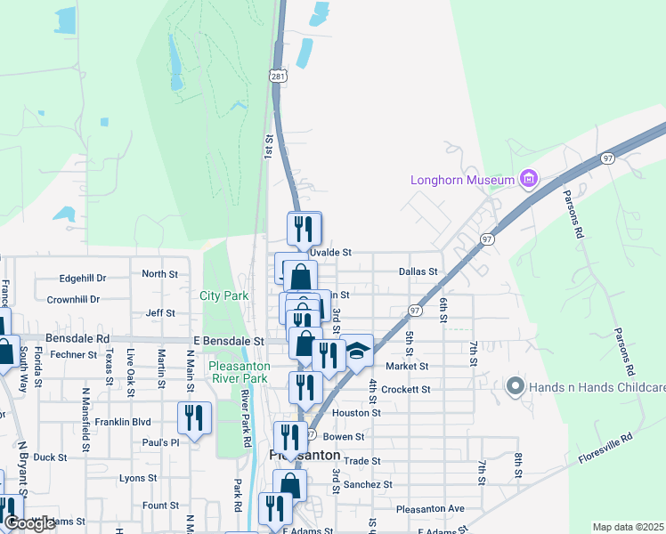 map of restaurants, bars, coffee shops, grocery stores, and more near 517 Waco Street in Pleasanton