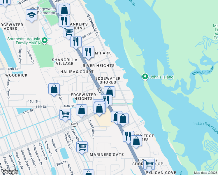map of restaurants, bars, coffee shops, grocery stores, and more near 117 Wolfs Driftwood Circle in Edgewater
