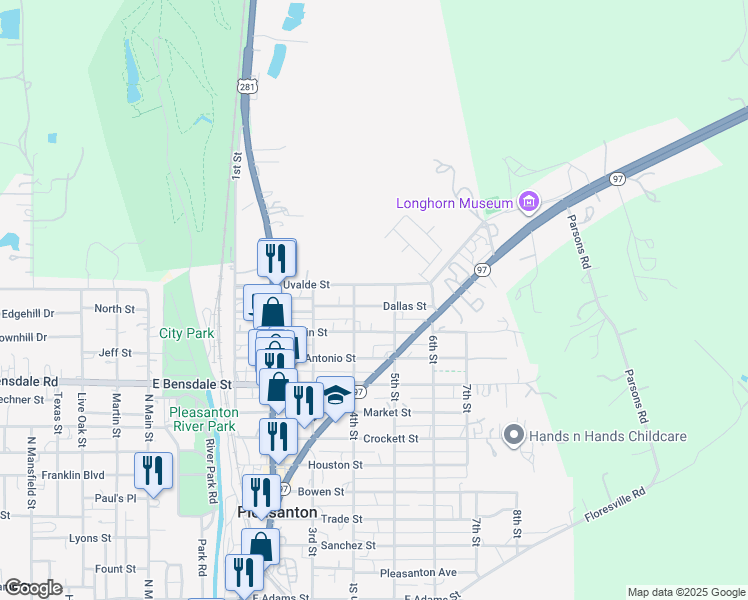 map of restaurants, bars, coffee shops, grocery stores, and more near 723 Dallas Street in Pleasanton