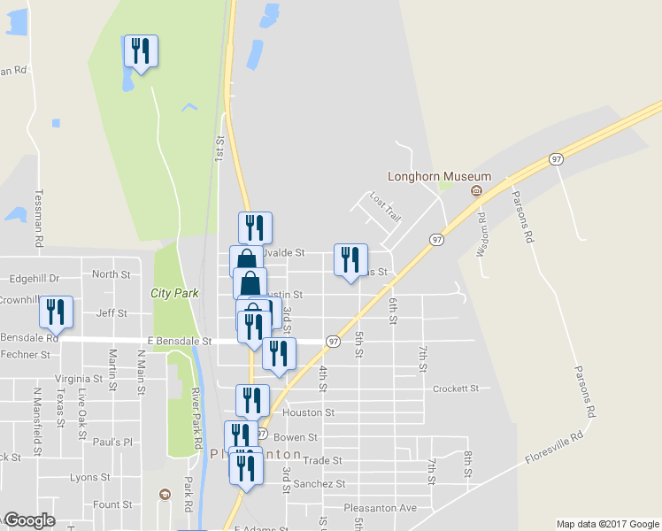map of restaurants, bars, coffee shops, grocery stores, and more near 707 Dallas Street in Pleasanton