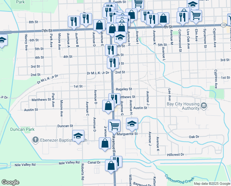 map of restaurants, bars, coffee shops, grocery stores, and more near 2802 Avenue F in Bay City