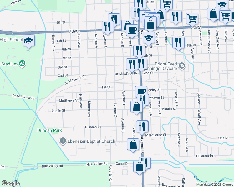 map of restaurants, bars, coffee shops, grocery stores, and more near 1401 Rugeley Street in Bay City