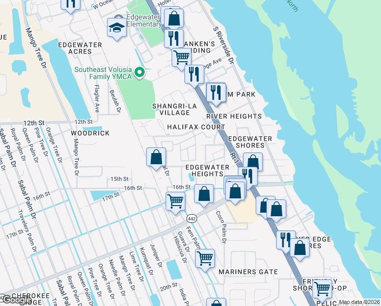 map of restaurants, bars, coffee shops, grocery stores, and more near 9 Rio Del Indio Drive in Edgewater