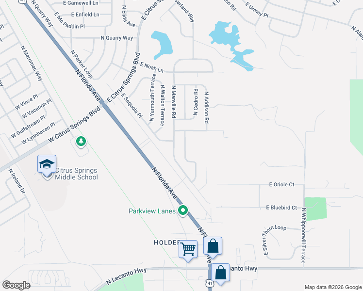 map of restaurants, bars, coffee shops, grocery stores, and more near 7657 North Fisher Terrace in Citrus Springs