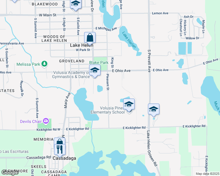 map of restaurants, bars, coffee shops, grocery stores, and more near 623 Pleasant Street in Lake Helen