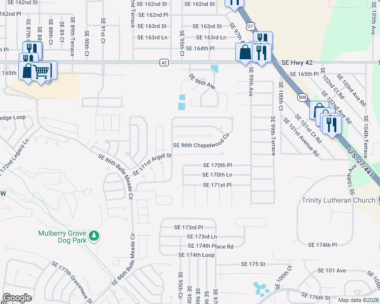map of restaurants, bars, coffee shops, grocery stores, and more near 9575 Southeast 171st Argyll Street in The Villages