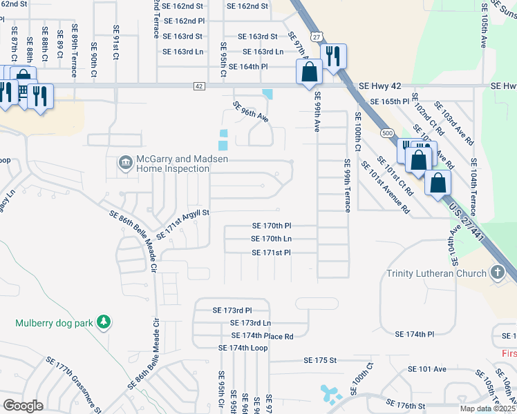map of restaurants, bars, coffee shops, grocery stores, and more near 9653 Southeast 171st Argyll Street in The Villages