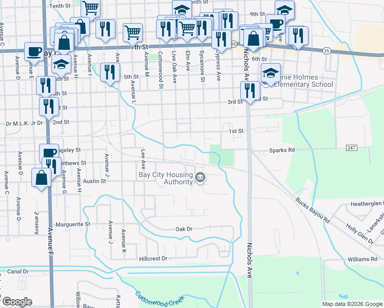 map of restaurants, bars, coffee shops, grocery stores, and more near 2517 Matthews Street in Bay City
