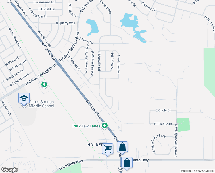 map of restaurants, bars, coffee shops, grocery stores, and more near 7657 North Fisher Terrace in Citrus Springs