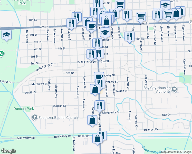 map of restaurants, bars, coffee shops, grocery stores, and more near 2802 Avenue F in Bay City