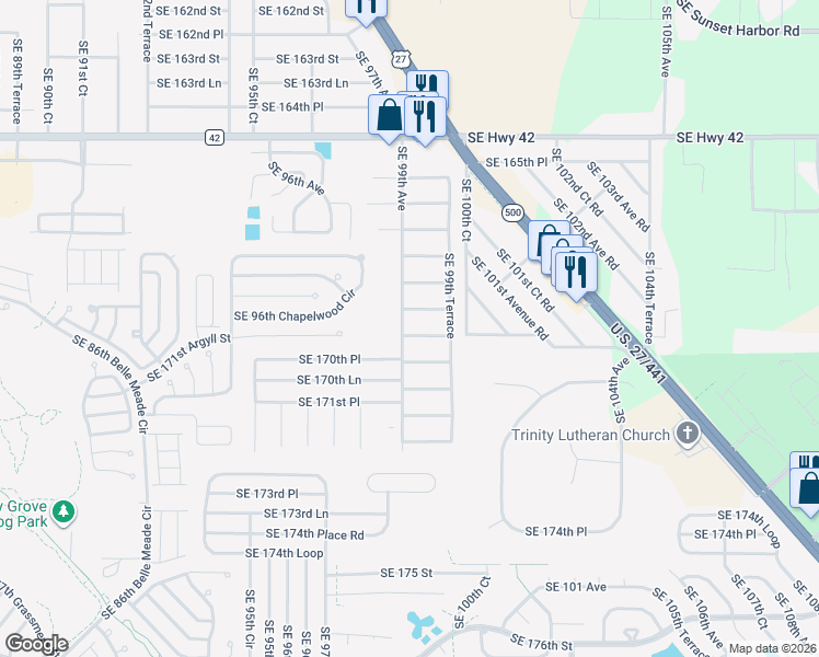 map of restaurants, bars, coffee shops, grocery stores, and more near 16955 Southeast 99th Avenue in Summerfield