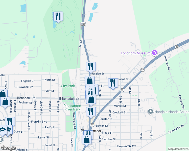 map of restaurants, bars, coffee shops, grocery stores, and more near 517 Waco Street in Pleasanton