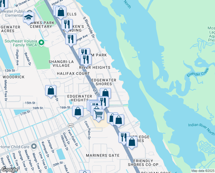 map of restaurants, bars, coffee shops, grocery stores, and more near 1702 South Riverside Drive in Edgewater