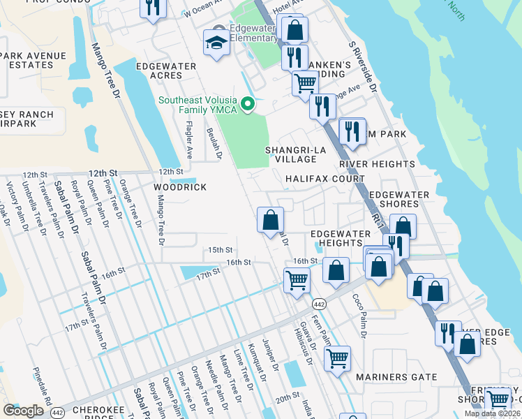 map of restaurants, bars, coffee shops, grocery stores, and more near 1510 Industrial Drive in Edgewater