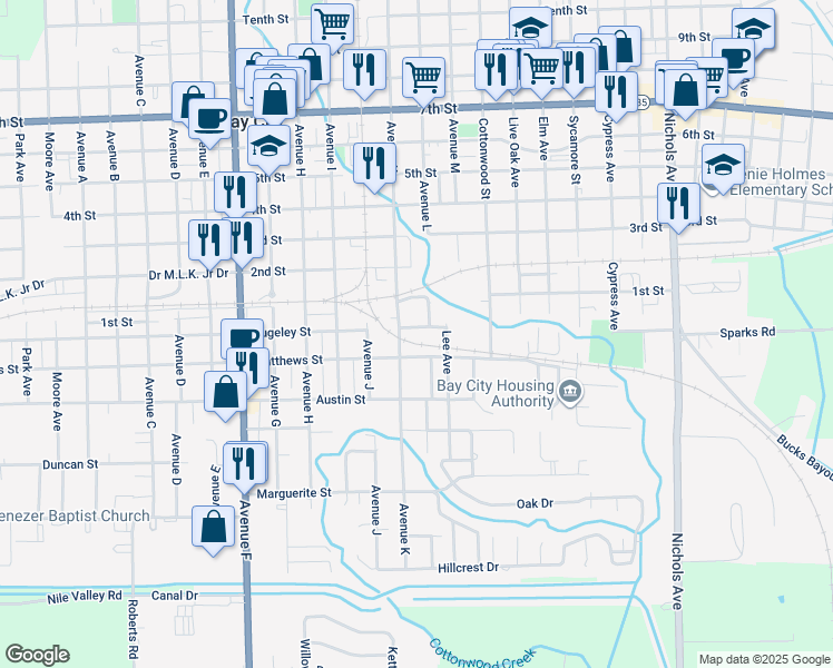 map of restaurants, bars, coffee shops, grocery stores, and more near 2300 Rugeley Street in Bay City