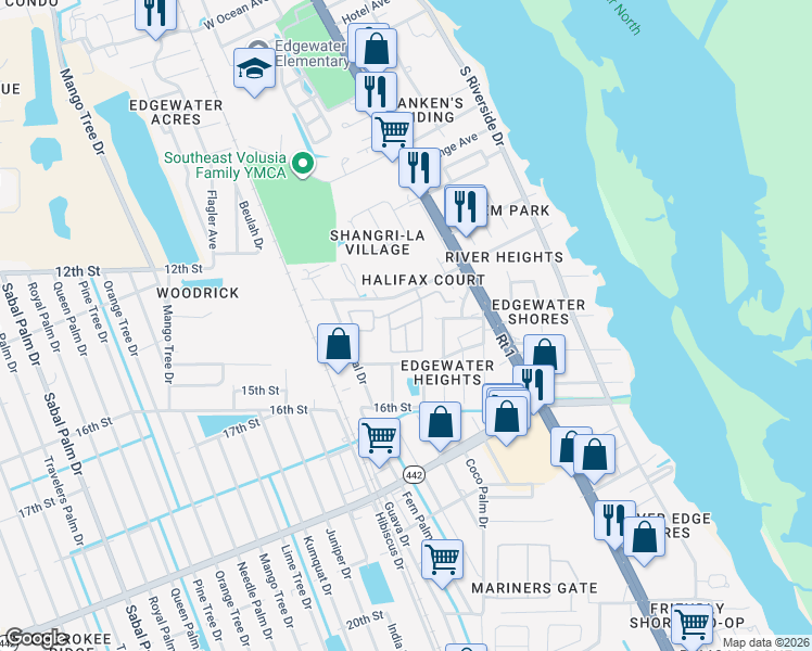 map of restaurants, bars, coffee shops, grocery stores, and more near 9 Rio Del Indio Drive in Edgewater
