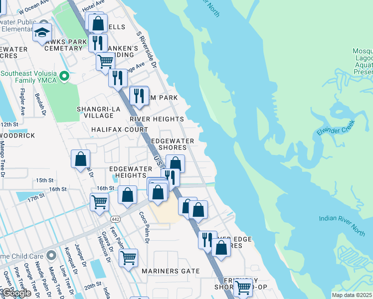 map of restaurants, bars, coffee shops, grocery stores, and more near 1702 South Riverside Drive in Edgewater