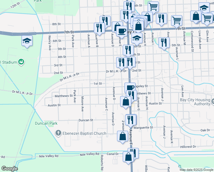 map of restaurants, bars, coffee shops, grocery stores, and more near 1401 Rugeley Street in Bay City