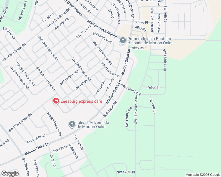 map of restaurants, bars, coffee shops, grocery stores, and more near 16701 Southwest 21st Circle in Ocala