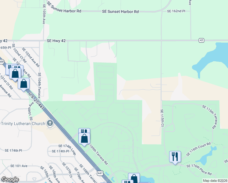 map of restaurants, bars, coffee shops, grocery stores, and more near 16871 South East 110th Court Road in Summerfield