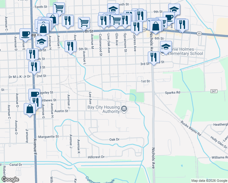 map of restaurants, bars, coffee shops, grocery stores, and more near 2517 Matthews Street in Bay City