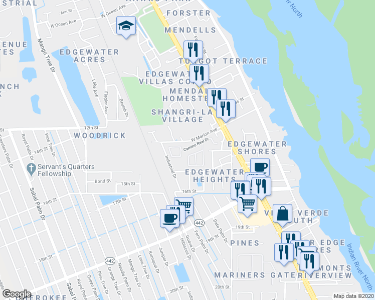 map of restaurants, bars, coffee shops, grocery stores, and more near 2-90 Camino Real Court in Edgewater