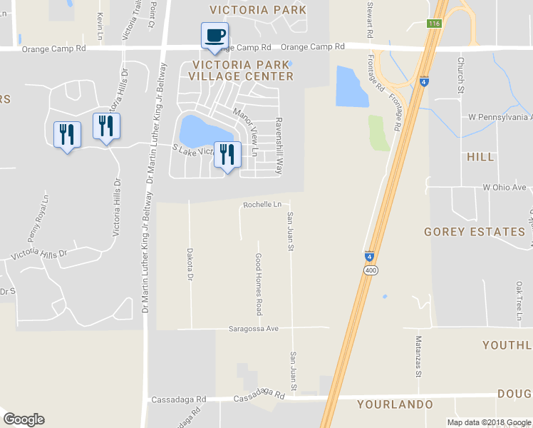 map of restaurants, bars, coffee shops, grocery stores, and more near 2810 Rochelle Lane in DeLand