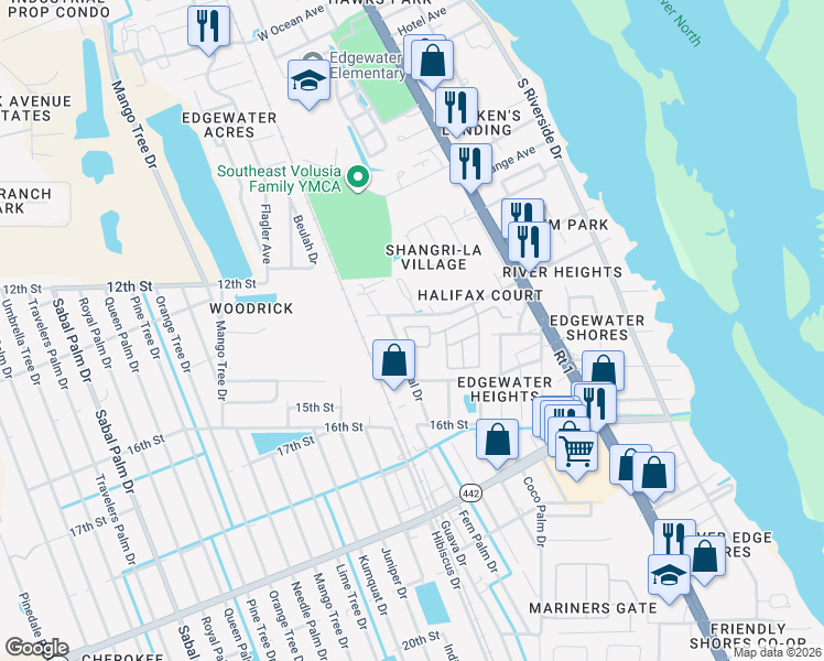 map of restaurants, bars, coffee shops, grocery stores, and more near 1510 Industrial Drive in Edgewater