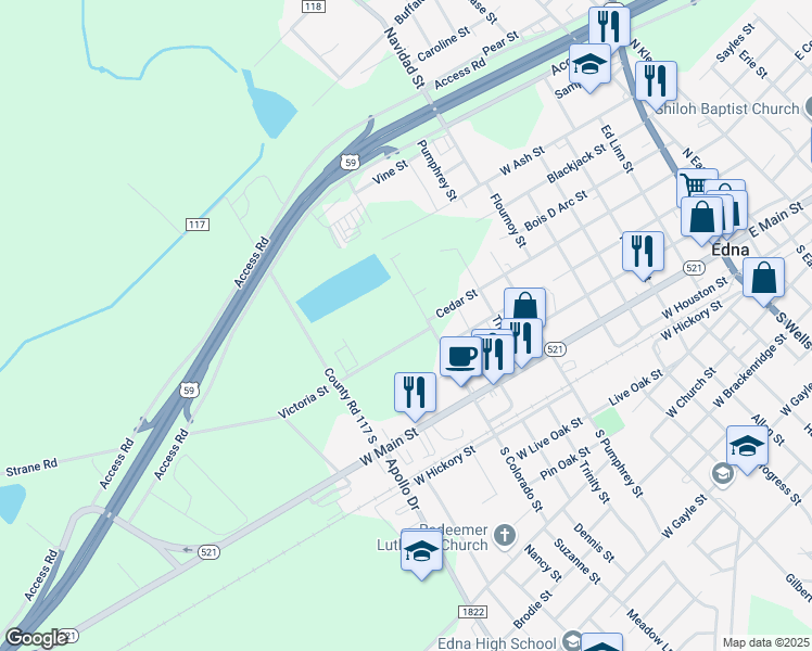 map of restaurants, bars, coffee shops, grocery stores, and more near Victoria Street in Edna