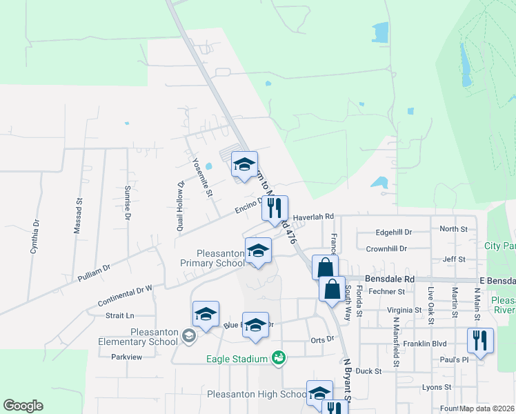 map of restaurants, bars, coffee shops, grocery stores, and more near 1221 Encino Drive in Pleasanton