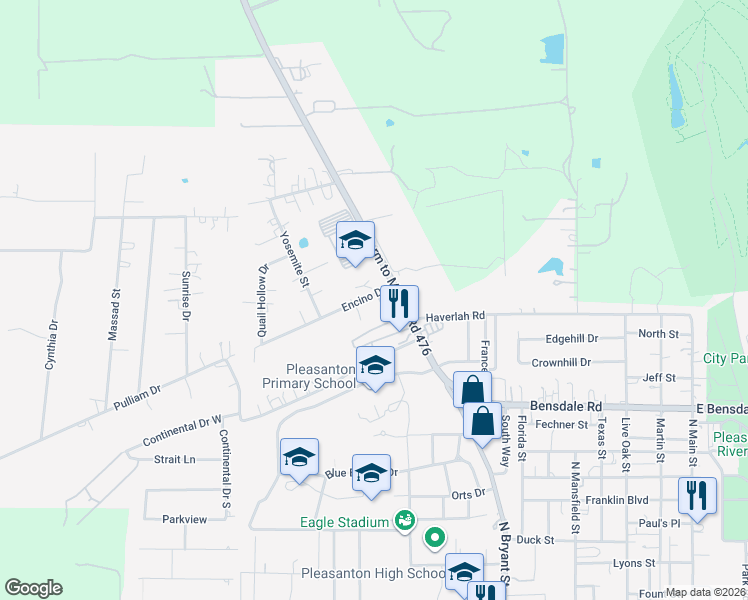 map of restaurants, bars, coffee shops, grocery stores, and more near 1221 Encino Drive in Pleasanton
