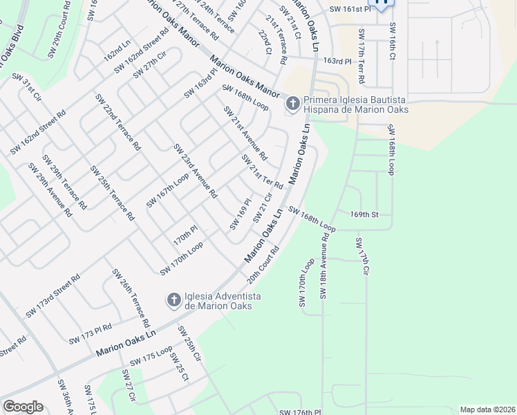 map of restaurants, bars, coffee shops, grocery stores, and more near 16701 Southwest 21st Circle in Ocala