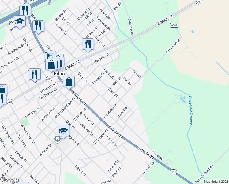 map of restaurants, bars, coffee shops, grocery stores, and more near 512 Ward Street in Edna