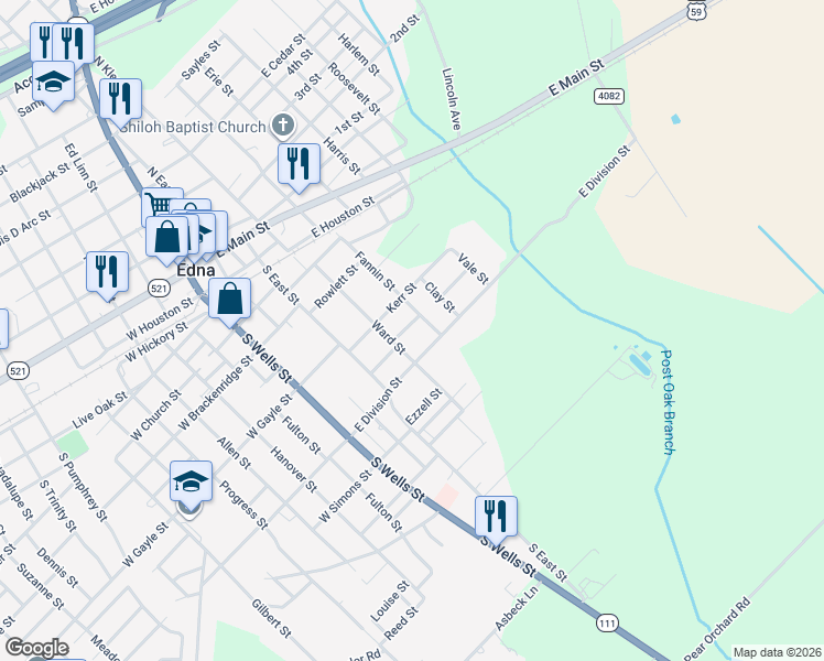 map of restaurants, bars, coffee shops, grocery stores, and more near 412 Hurst Street in Edna