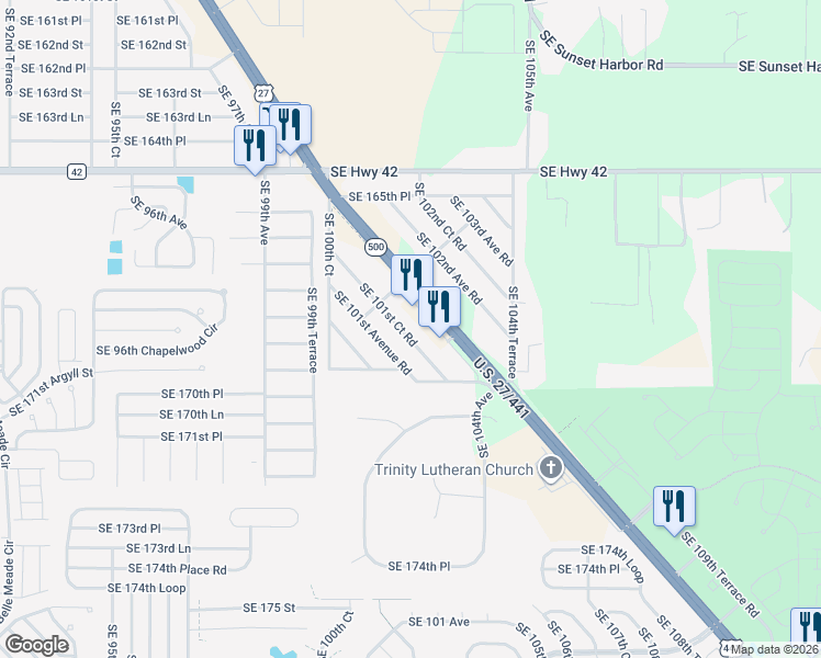 map of restaurants, bars, coffee shops, grocery stores, and more near 16875 Southeast 101st Court Road in Summerfield